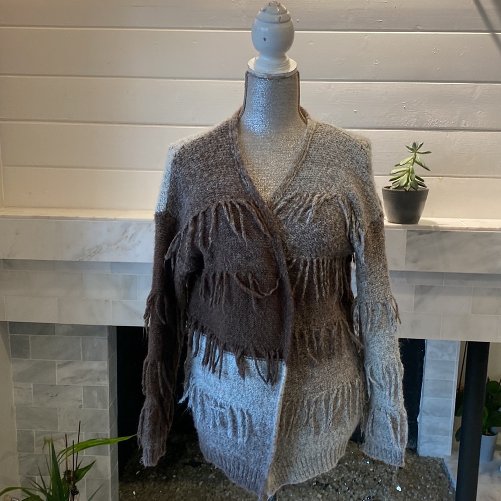Angie Two-Tone Brown Fringe Knit Cardigan